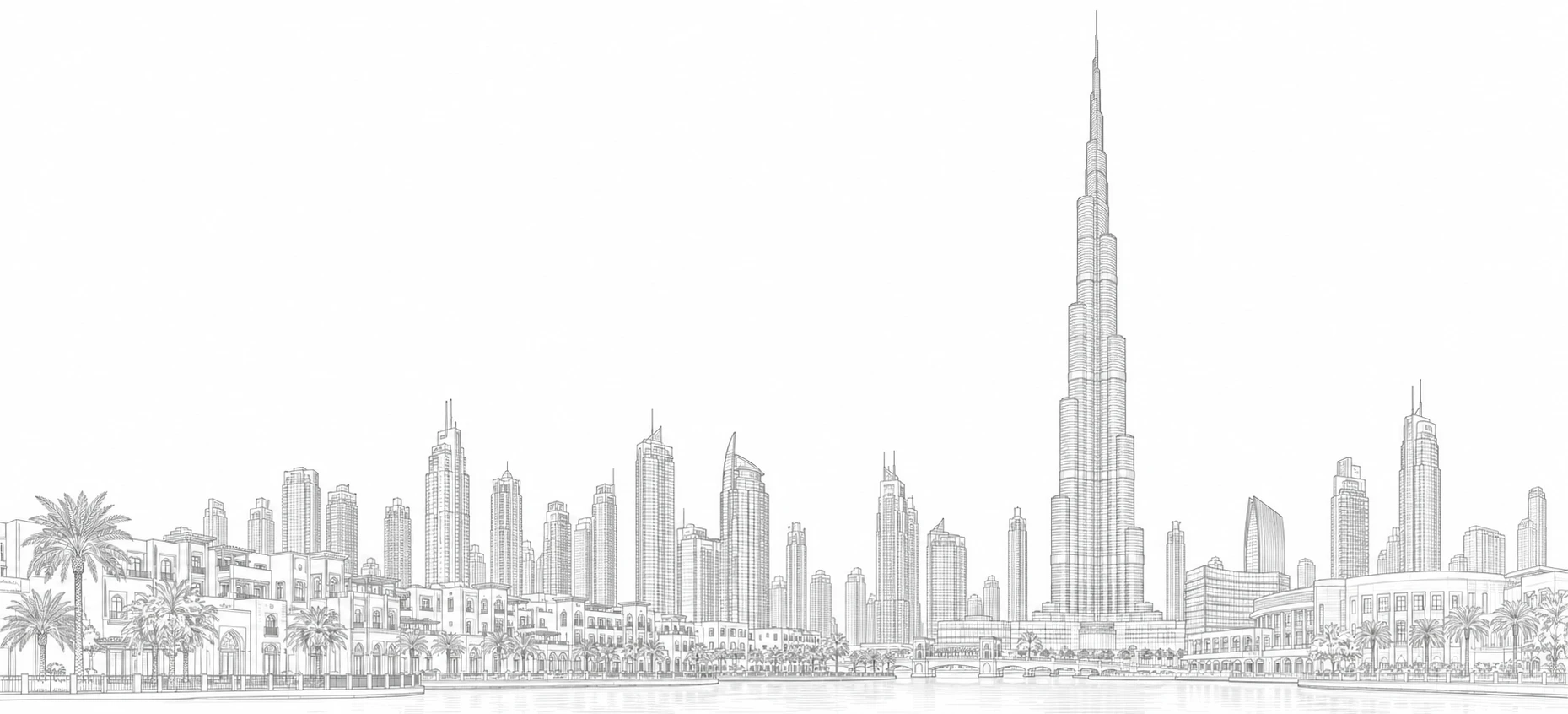 Line drawing of Downtown Dubai and the Burj Khalifa