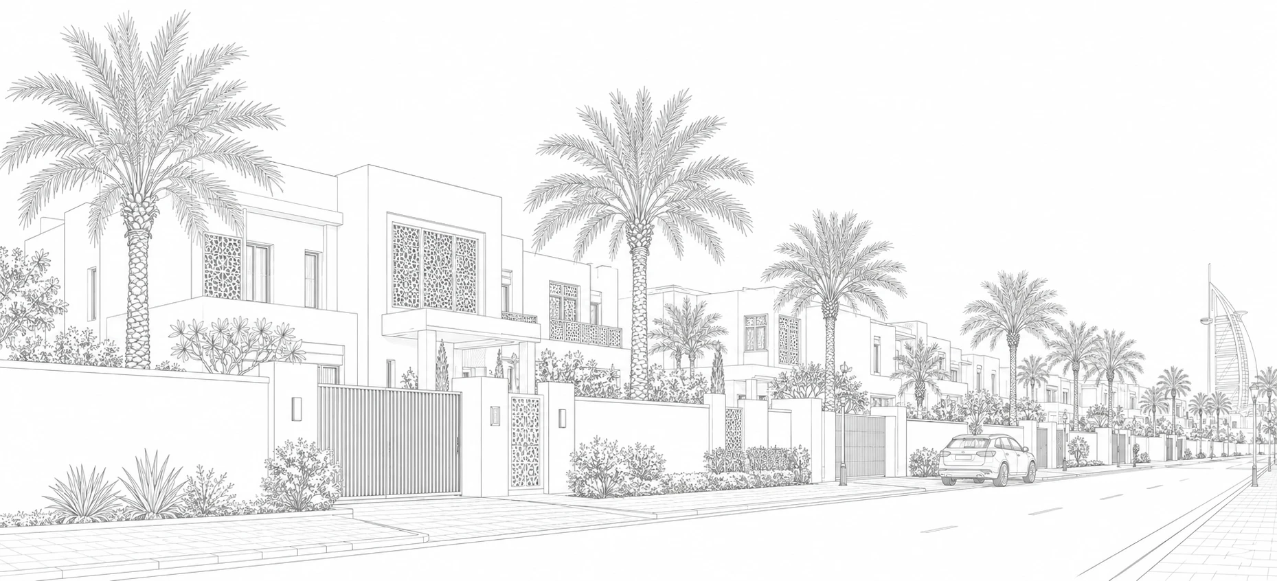 Jumeirah villas and palm trees in Dubai